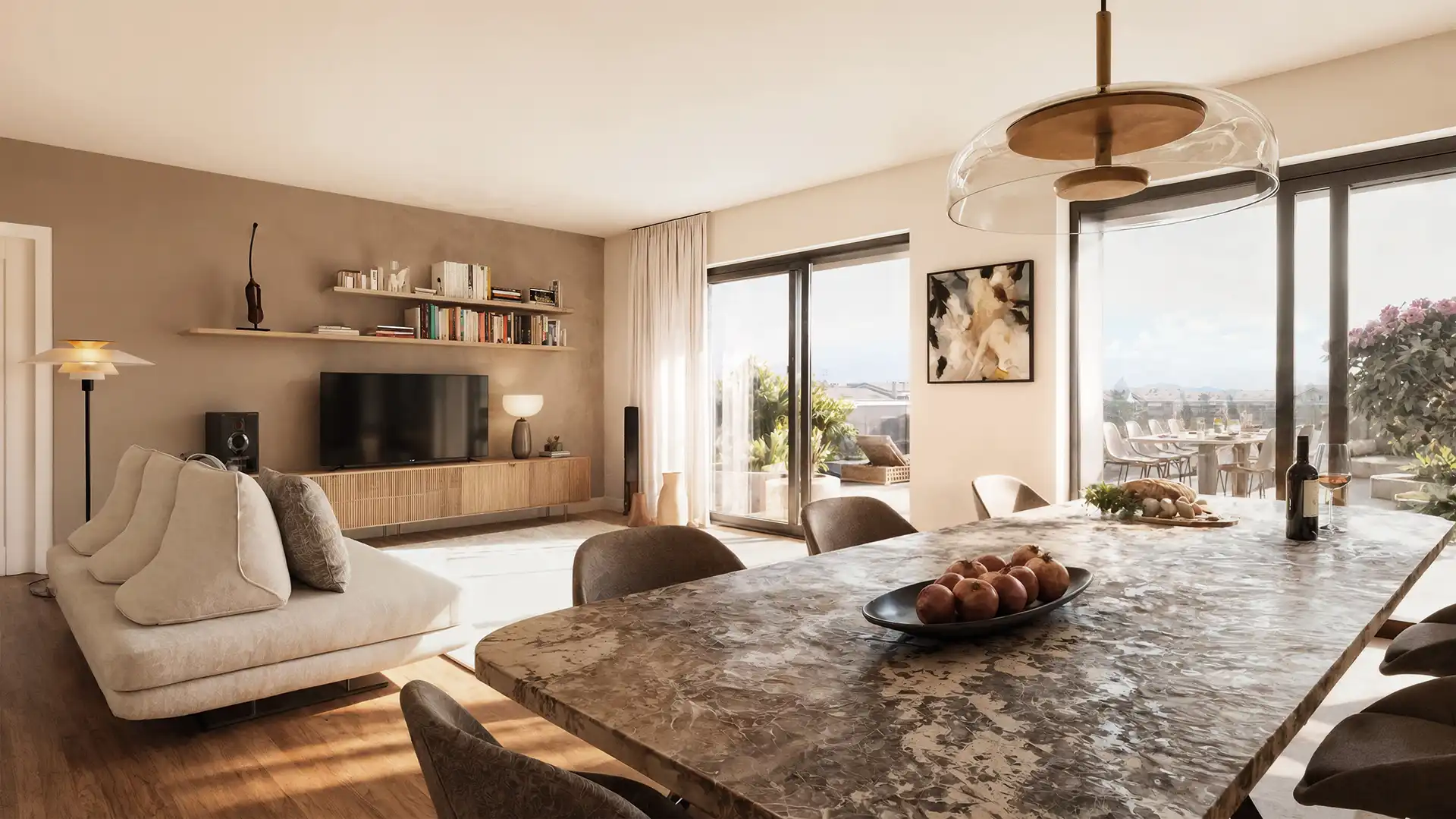 Living di un appartamento Tono House con terrazzo.