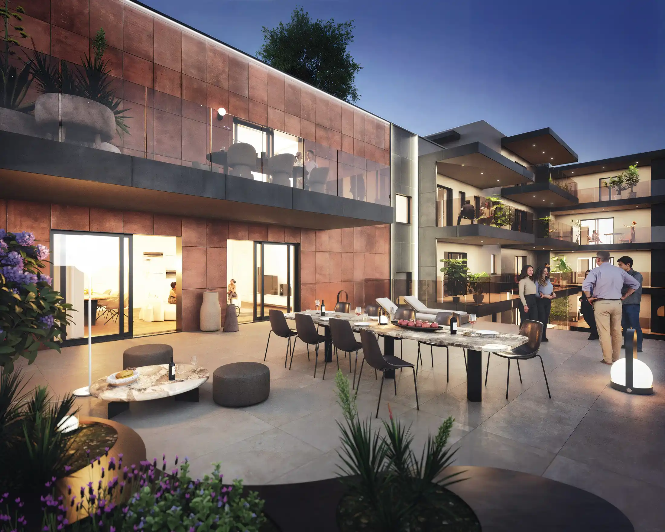 Terrazzo di Tono House al tramonto.