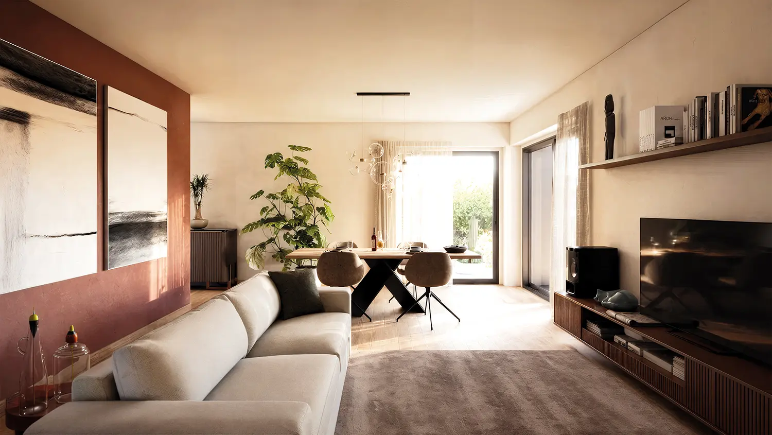 Living con terrazzo di un appartamento quadrilocale Tono House.